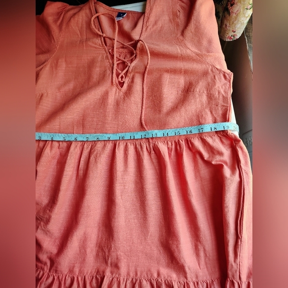 Tiered Lace-Up Mini Swing Dress Eyelet Floral Hem Coral Long Sleeve M. - Picture 11 of 17